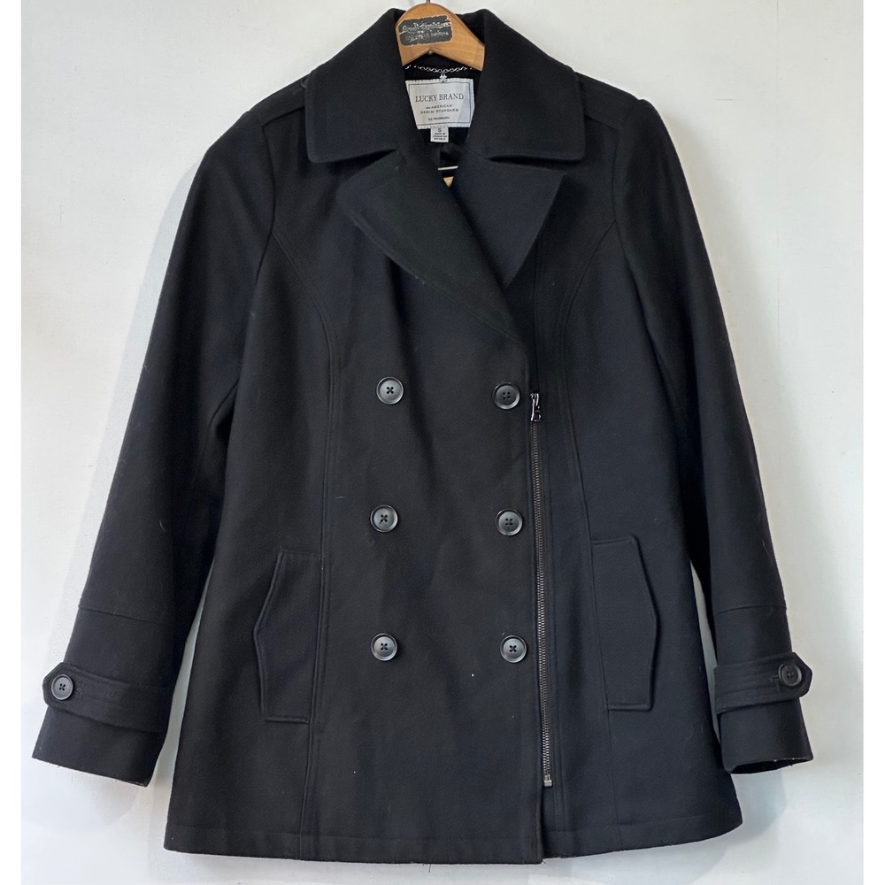 Lucky Brand Pea Coat Wool Blend Double Breasted Womens S Black Excellent